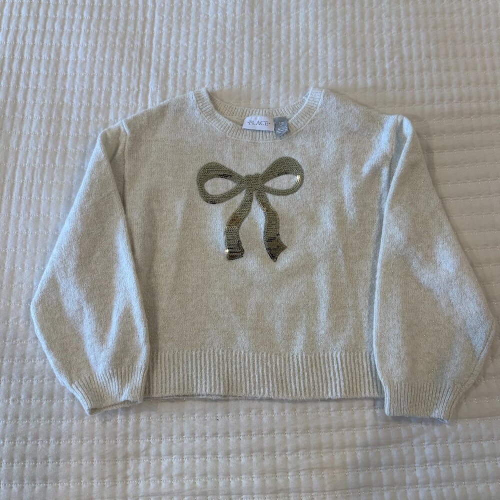 NWOT Children's Place Ivory and Gold Sweater for Girls with Sequin Bow